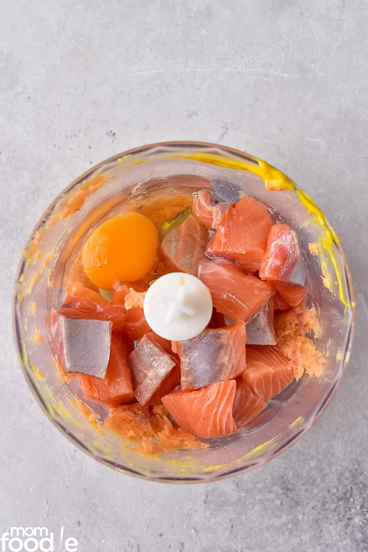 raw egg in blender with salmon chunks