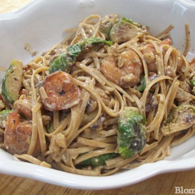 shrimp brussel sprout walnut cream sauce pasta