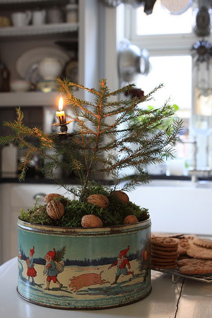 small tree in vintage tin