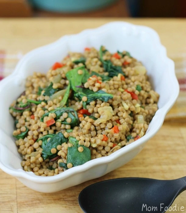 Whole Wheat Pearl Couscous Recipe with Red Peppers, Onion and Spinach