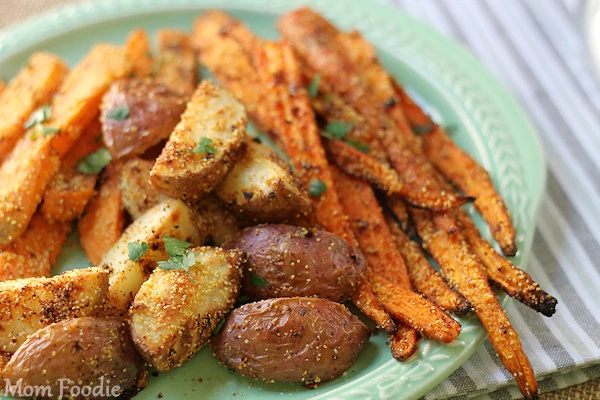 roasted root vegetables with garlic and corn meal coating