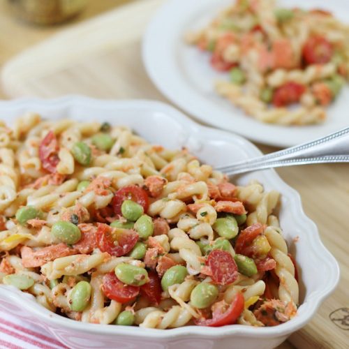 Lemon Herb Salmon Pasta Salad with Edamame and Tomato