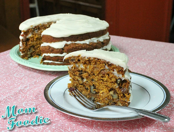 pumpkin-oatmeal carrot cake with easy cream cheese frosting