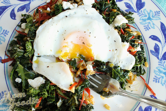 kale wheat berry salad with egg and goat cheese