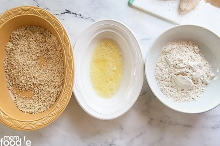 breading station, flour, egg wash, seasoned panko crumbs