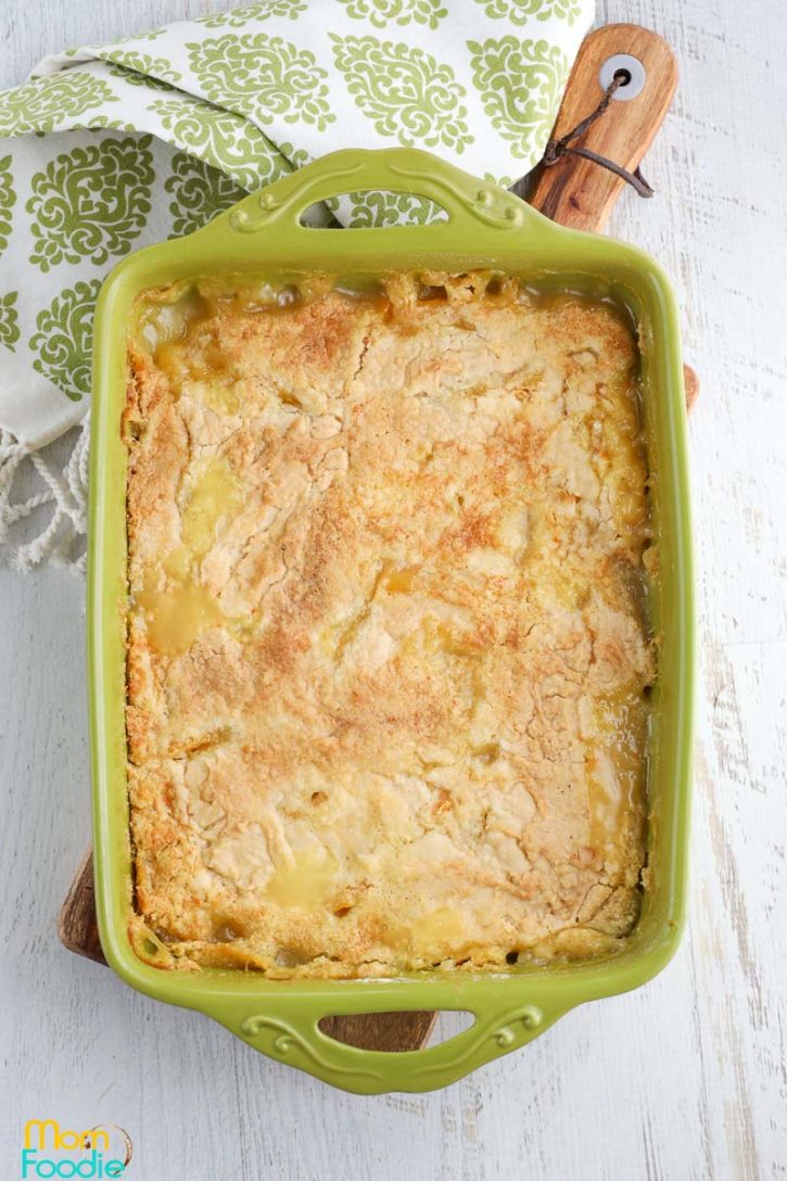 peach dump cake casserole out of the oven
