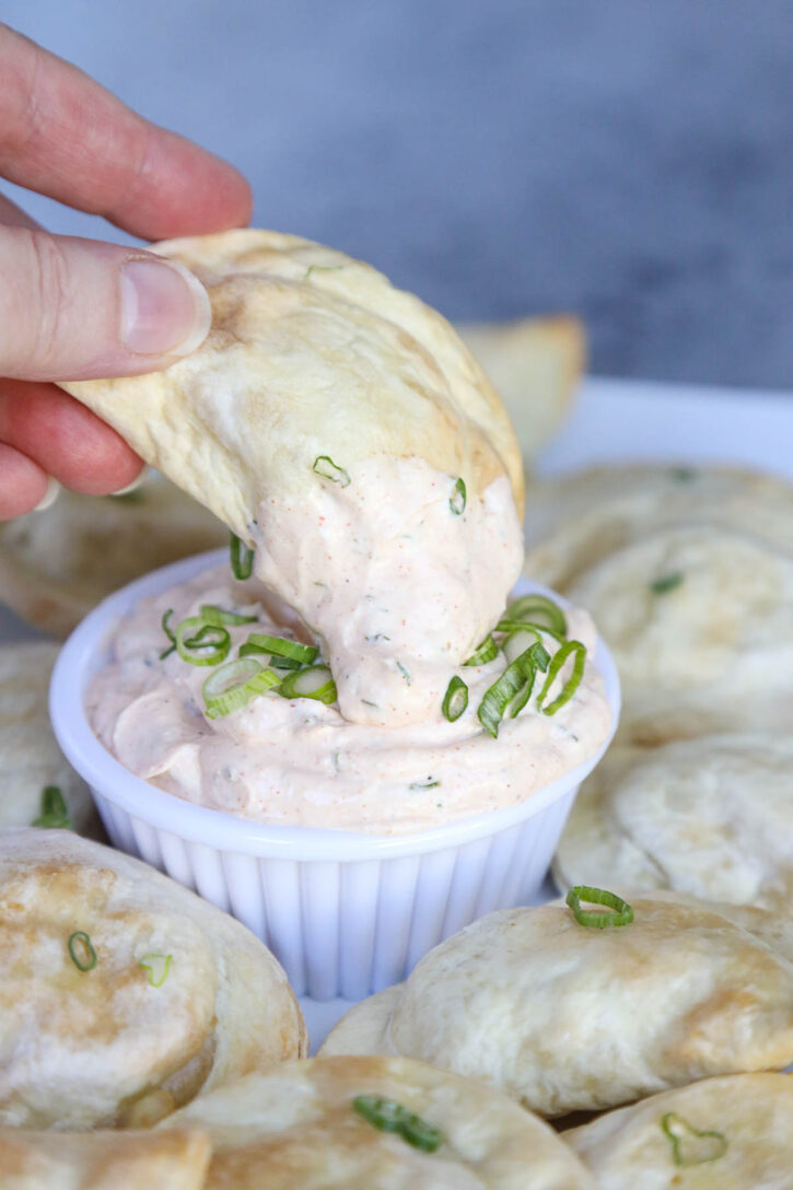 seasoned  sour cream champps knock off shown with fried pierogi dunked in.