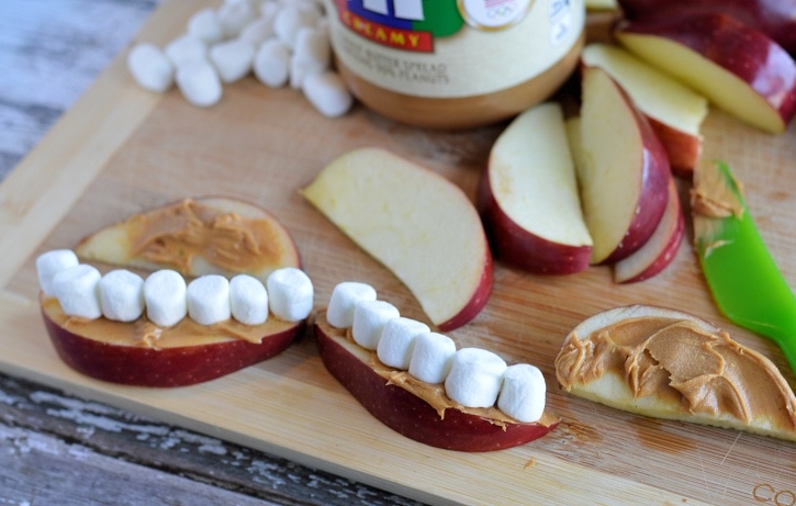 Apple Peanut Butter Teeth - adding mini marshmallows