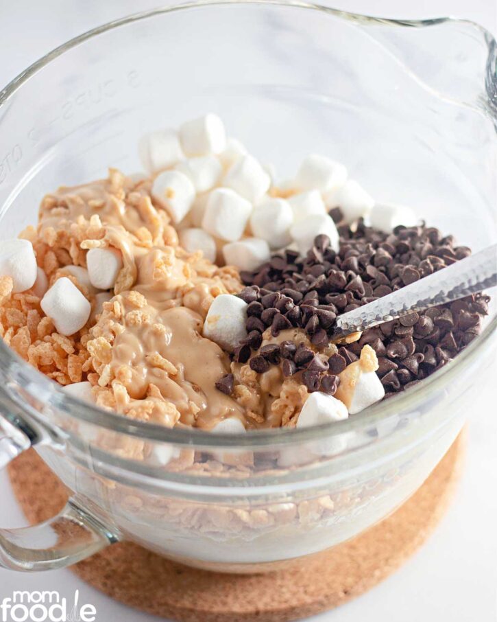 add cereal, marshmallows and chocolate chips.