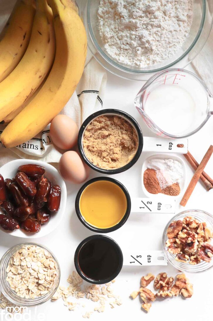 Ingredients for banana date bread.