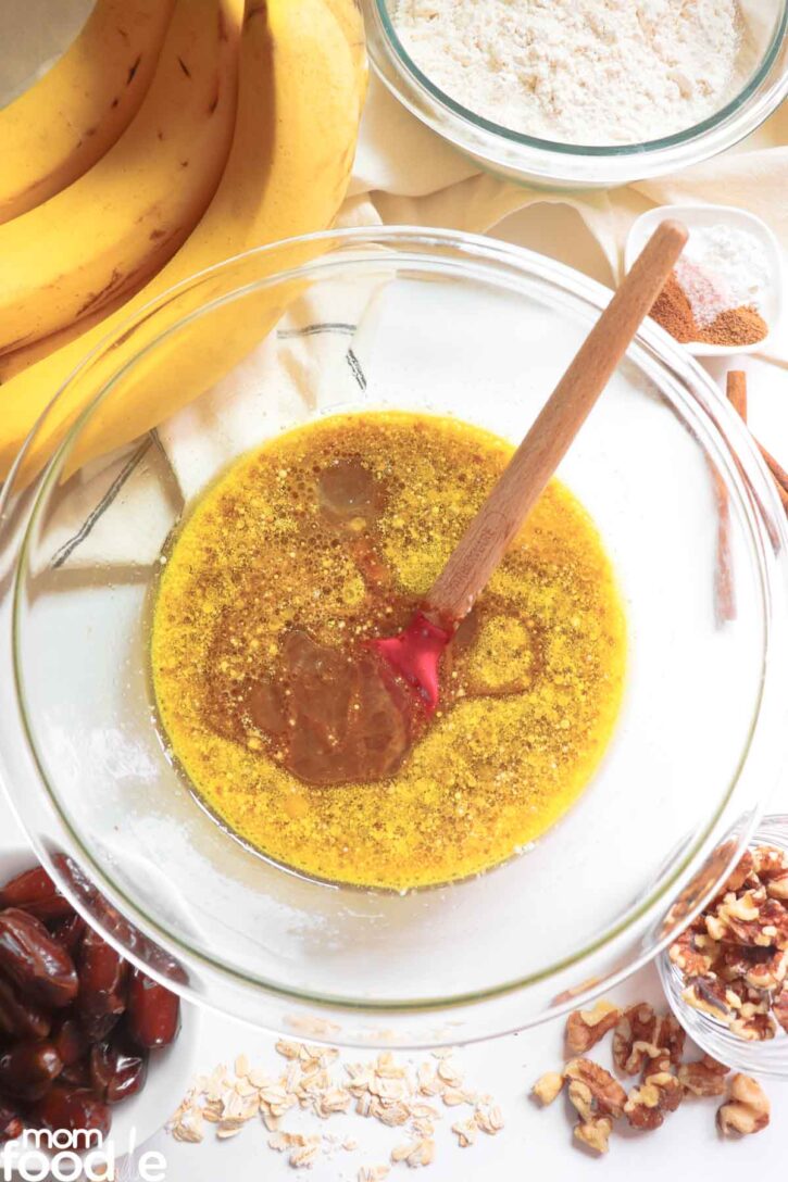 mixing wet ingredients.