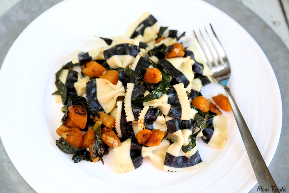 Vegetarian Halloween Dinner Black & White Farafalle with Butternut Squash & Kale 