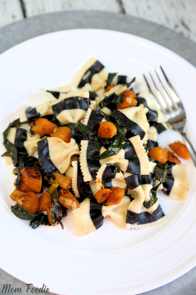 Black & White Striped Farfalle with Butternut Squash and Kale Vegetarian Halloween Dinner