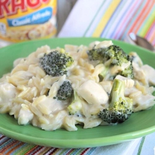 Broccoli Chicken Alfredo Orzo with Jarred Sauce