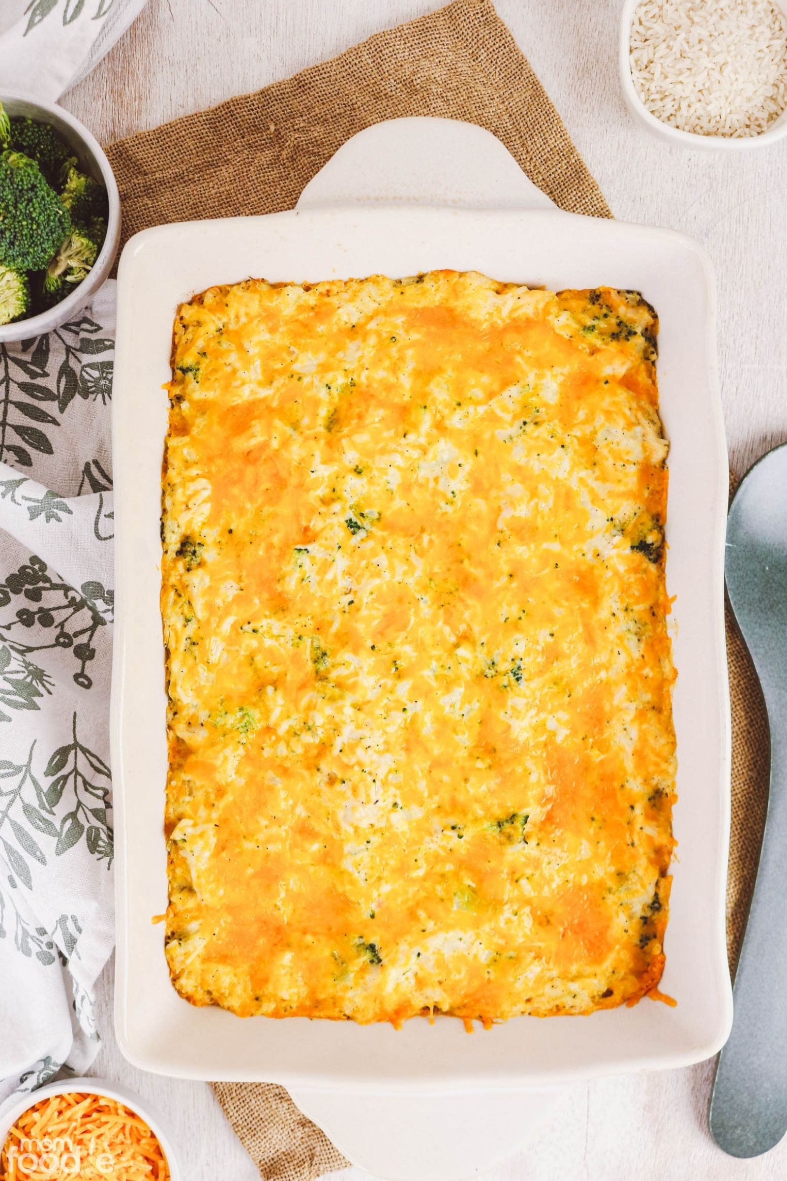Broccoli Chicken Rice Casserole with cheddar cheese, freshly baked