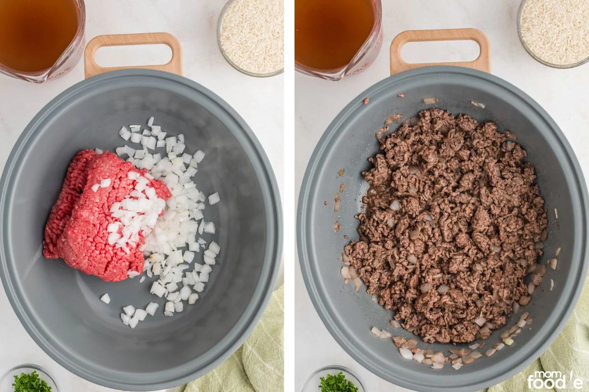 browning the ground beef with onions.