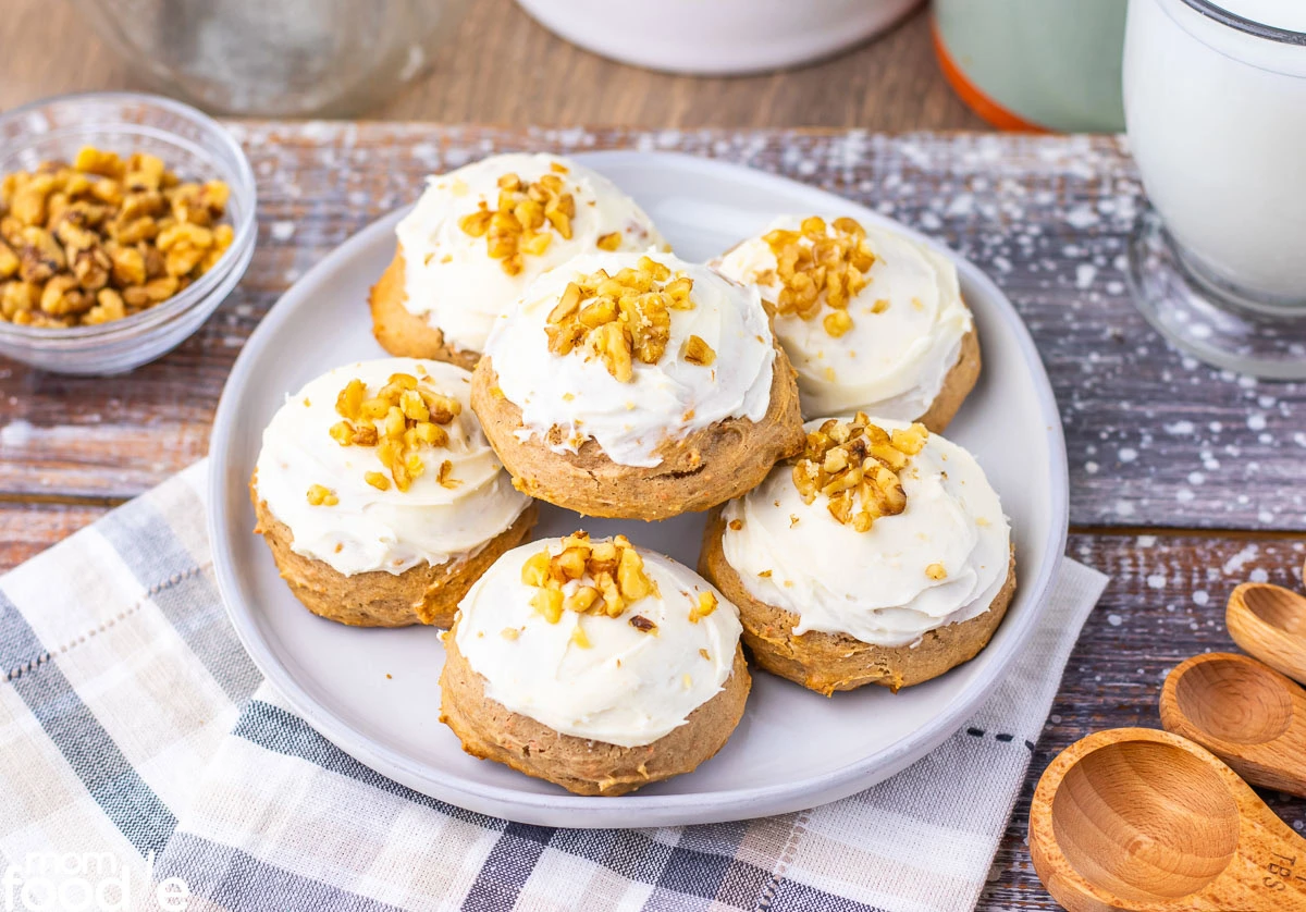frosted carrot cake mix cookies on plate