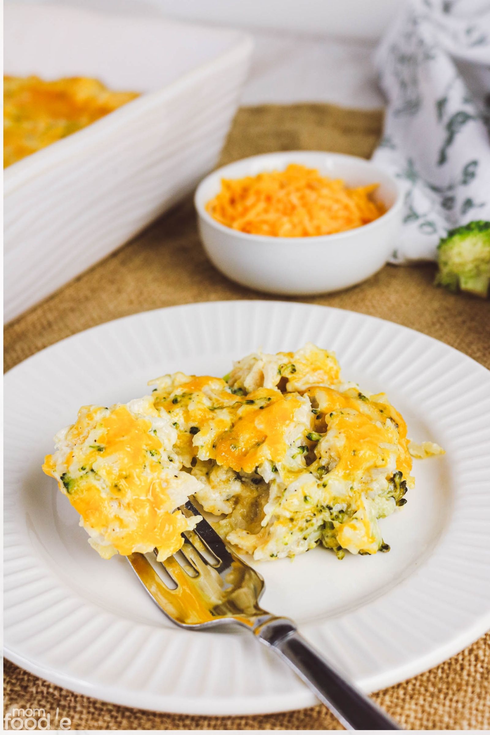 Cheesy Chicken Broccoli and Rice Casserole on plate with cheese and casserole dish in background