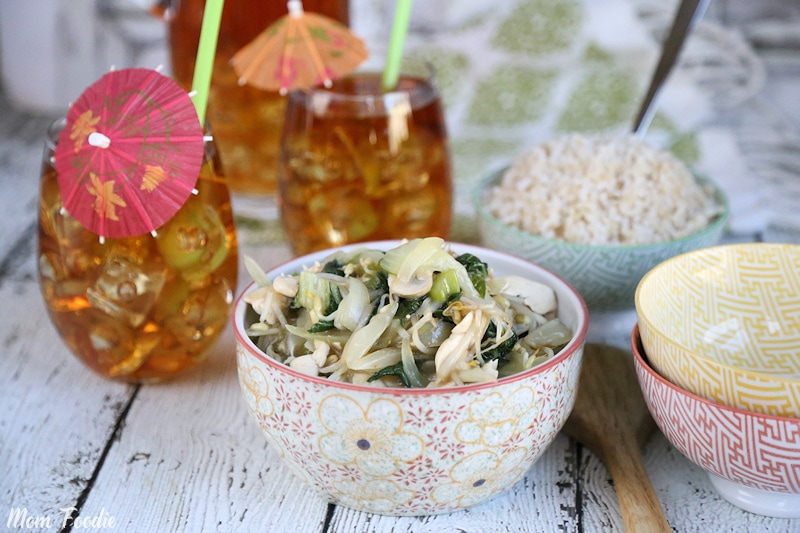 Chicken Chop Suey Homemade Chinese Dinner of chop suey with rice bowls and tea