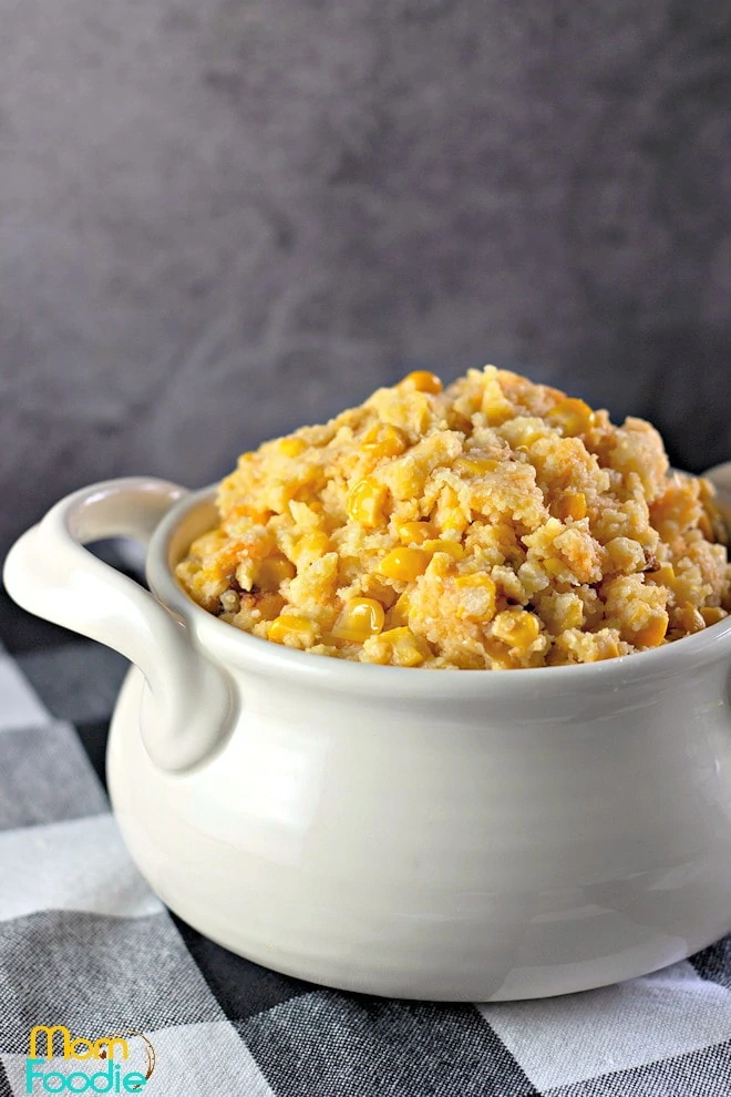 Crockpot Corn Casserole in large white bowl.