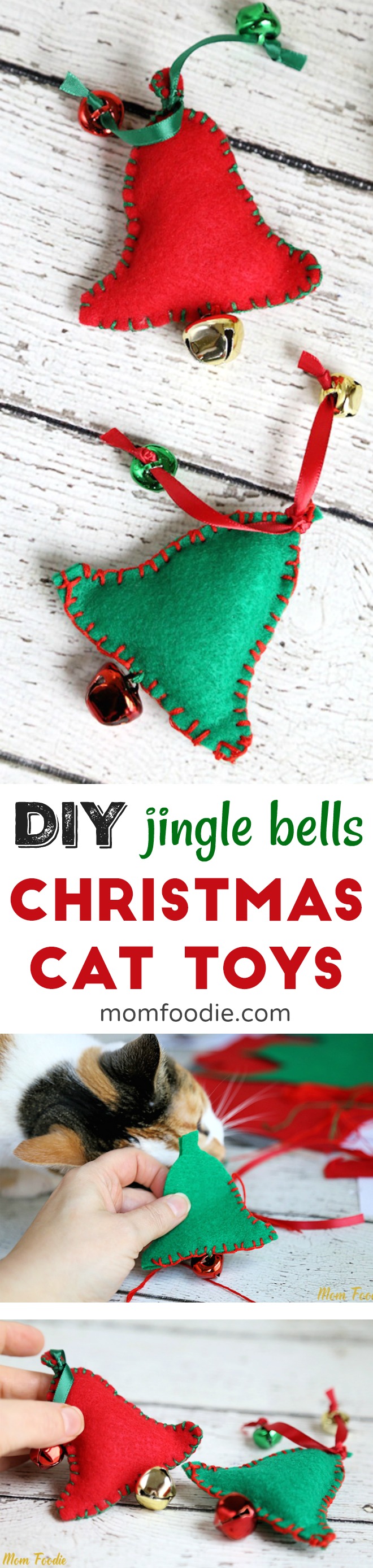 DIY Cat Toys - Homemade cat toys for Christmas in a bell shape with jingle bells.
