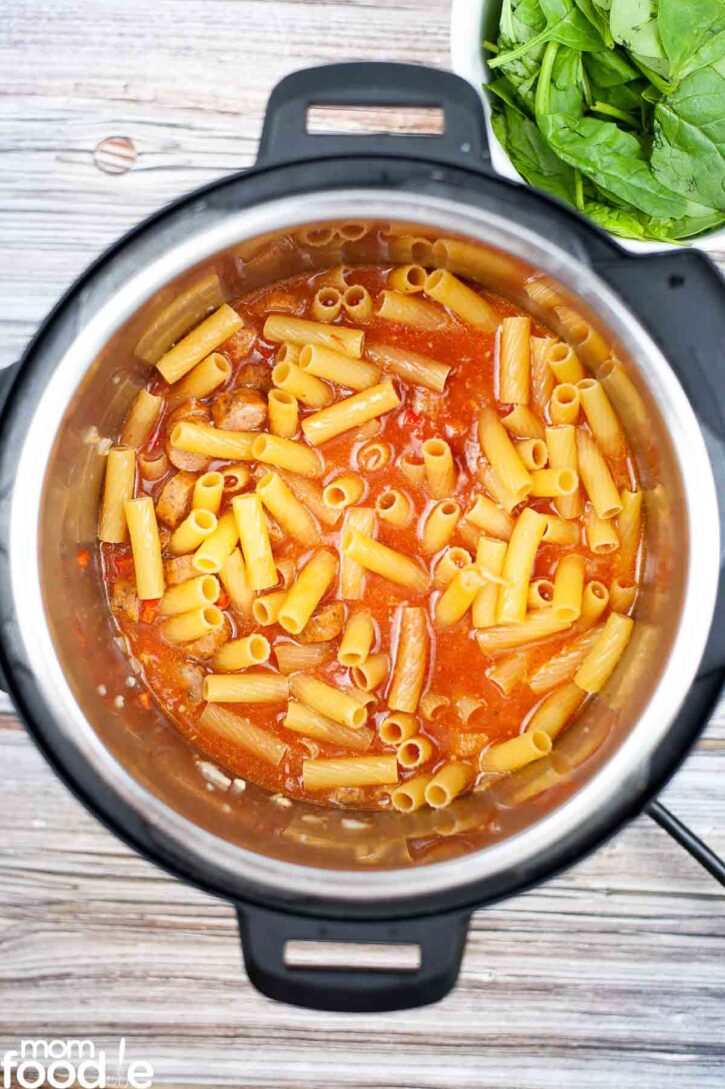 Pasta added to the kielbasa broth mixture.
