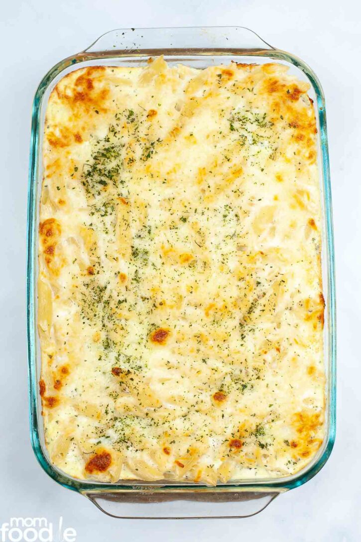 Casserole fully baked with golden brown melted cheese on top.