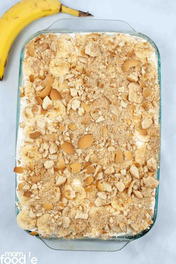Crushed vanilla wafers over cake.