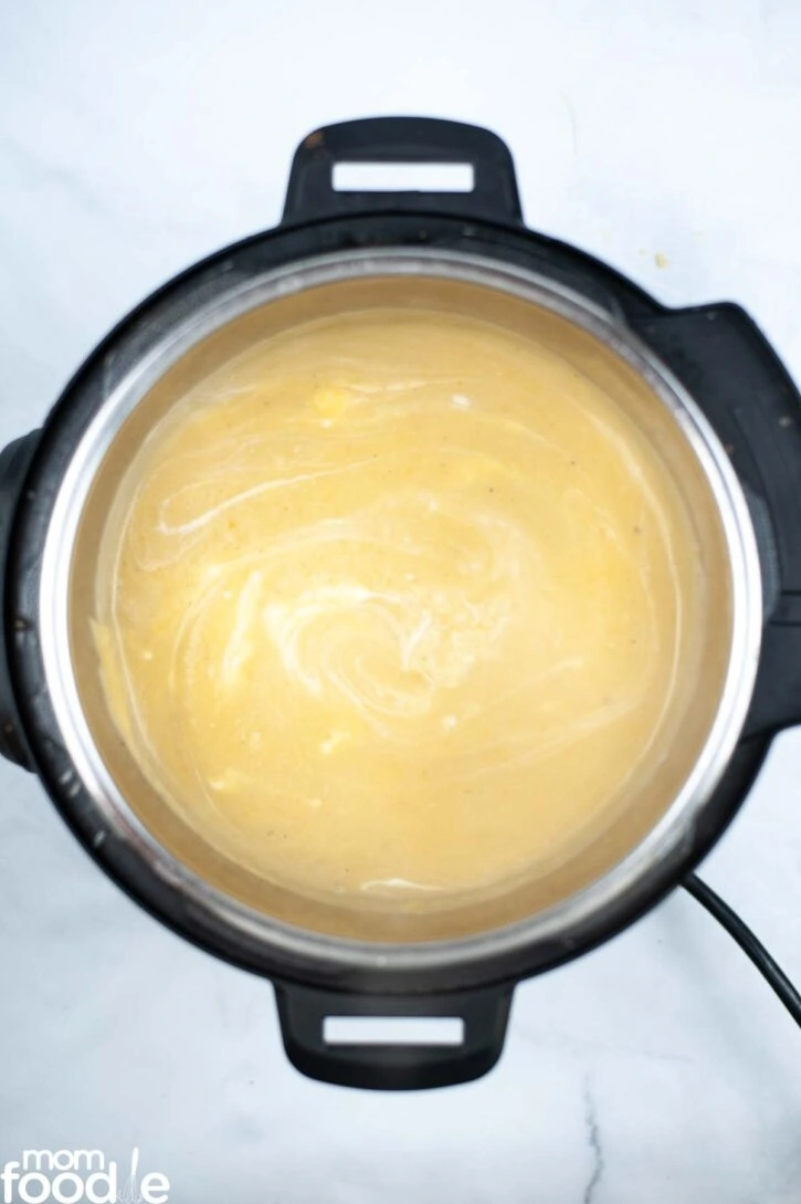 Sour cream stirred into the smooth Instant Pot potato leek soup.