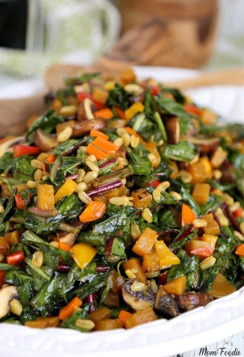 golden beets, kamut, crimini mushrooms and sweet peppers in dandelion salad