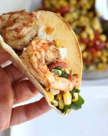 Grilled Shrimp Tacos with corn salad