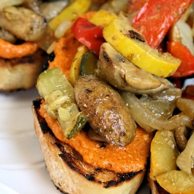 Grilled Tomato Ricotta Pesto Vegetable Bruschetta