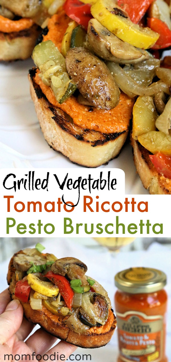 Grilled Vegetable Tomato Ricotta Pesto Bruschetta