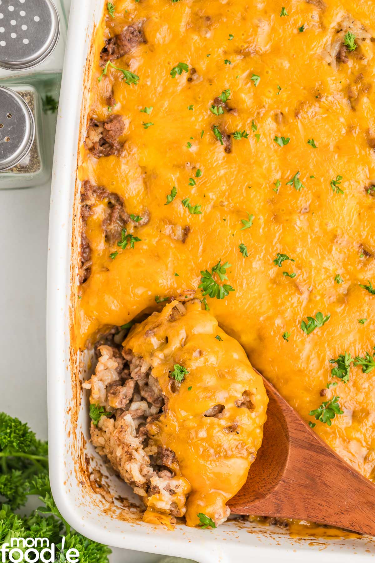 Serving Hamburger Rice casserole out of the baking dish