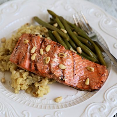 Honey Ginger Balsamic Grilled Wild Salmon with Toasted Pine Nuts
