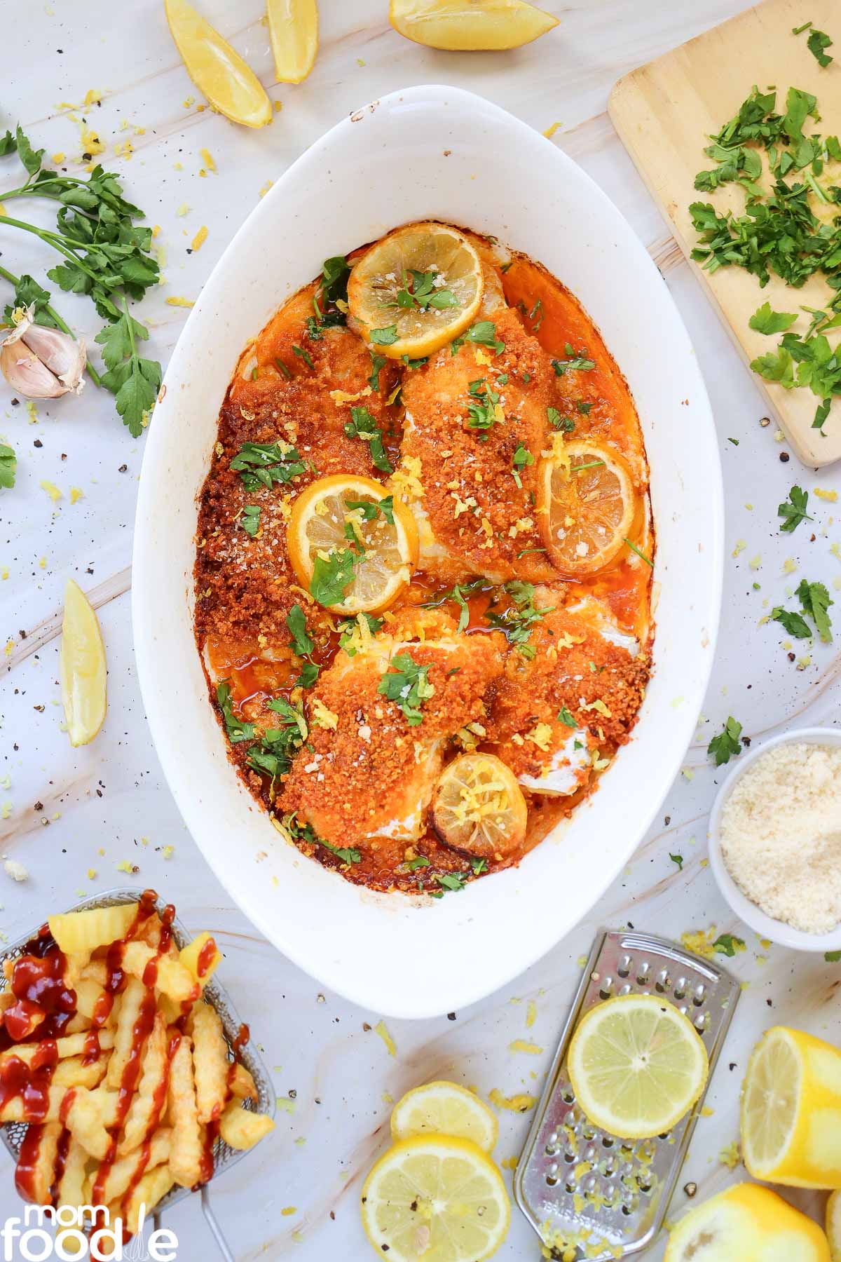baked cod with Parmesan crust in baking dish