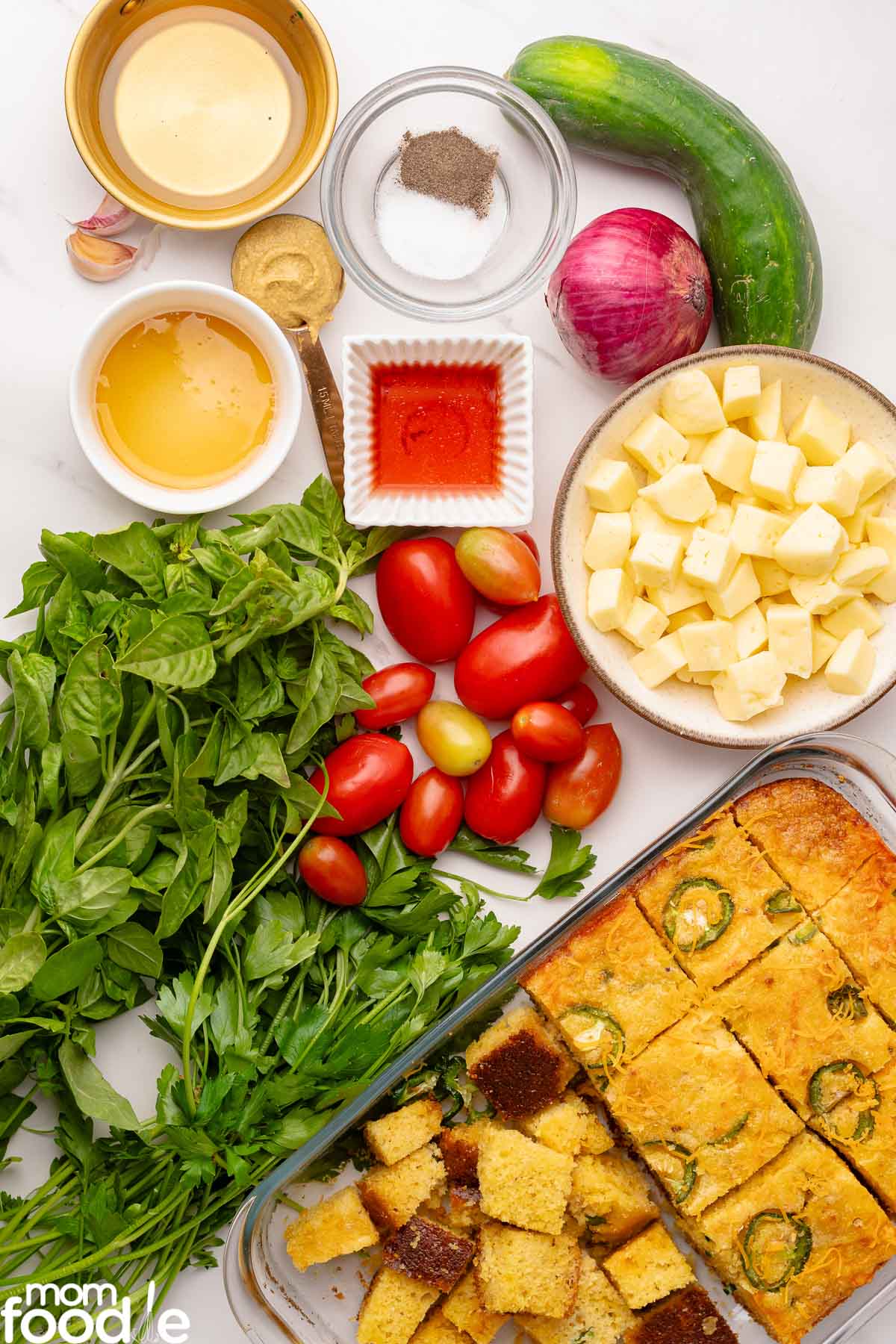 ingredients for cornbread panzanella salad