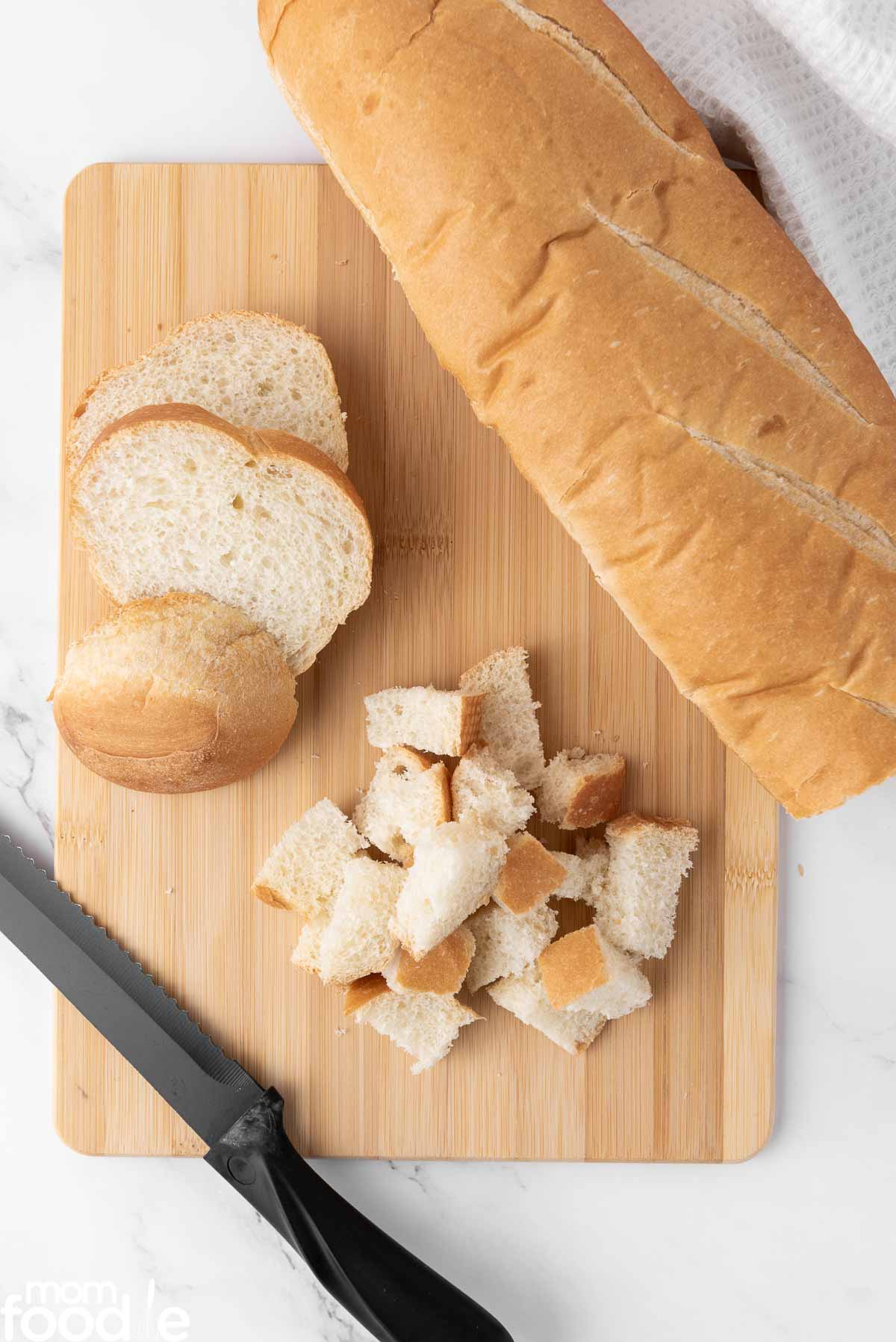 cutting bread into cubes