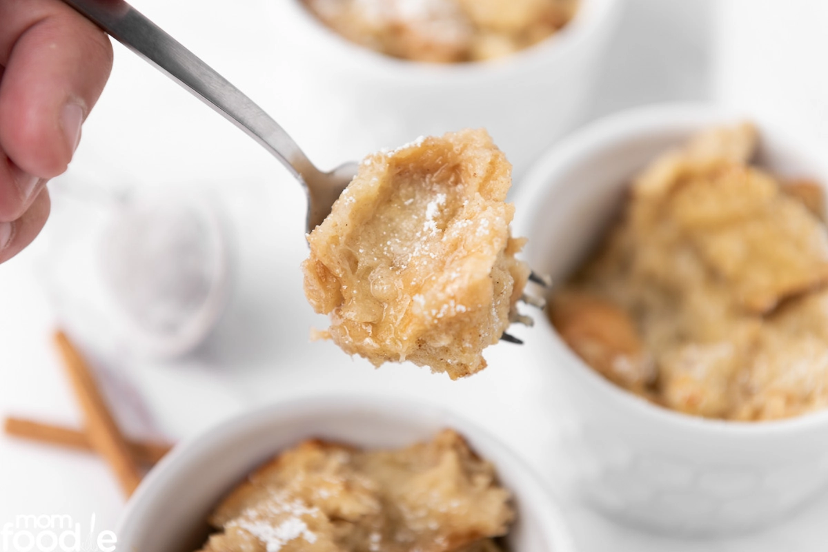 a forkful of the bread pudding.
