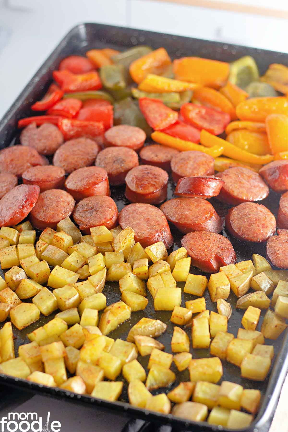 browned potatoes and sausage with roasted veggies.
