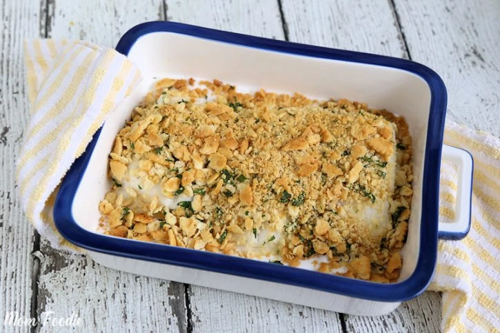 Oven Baked Cod with Cracker Topping in casserole dish