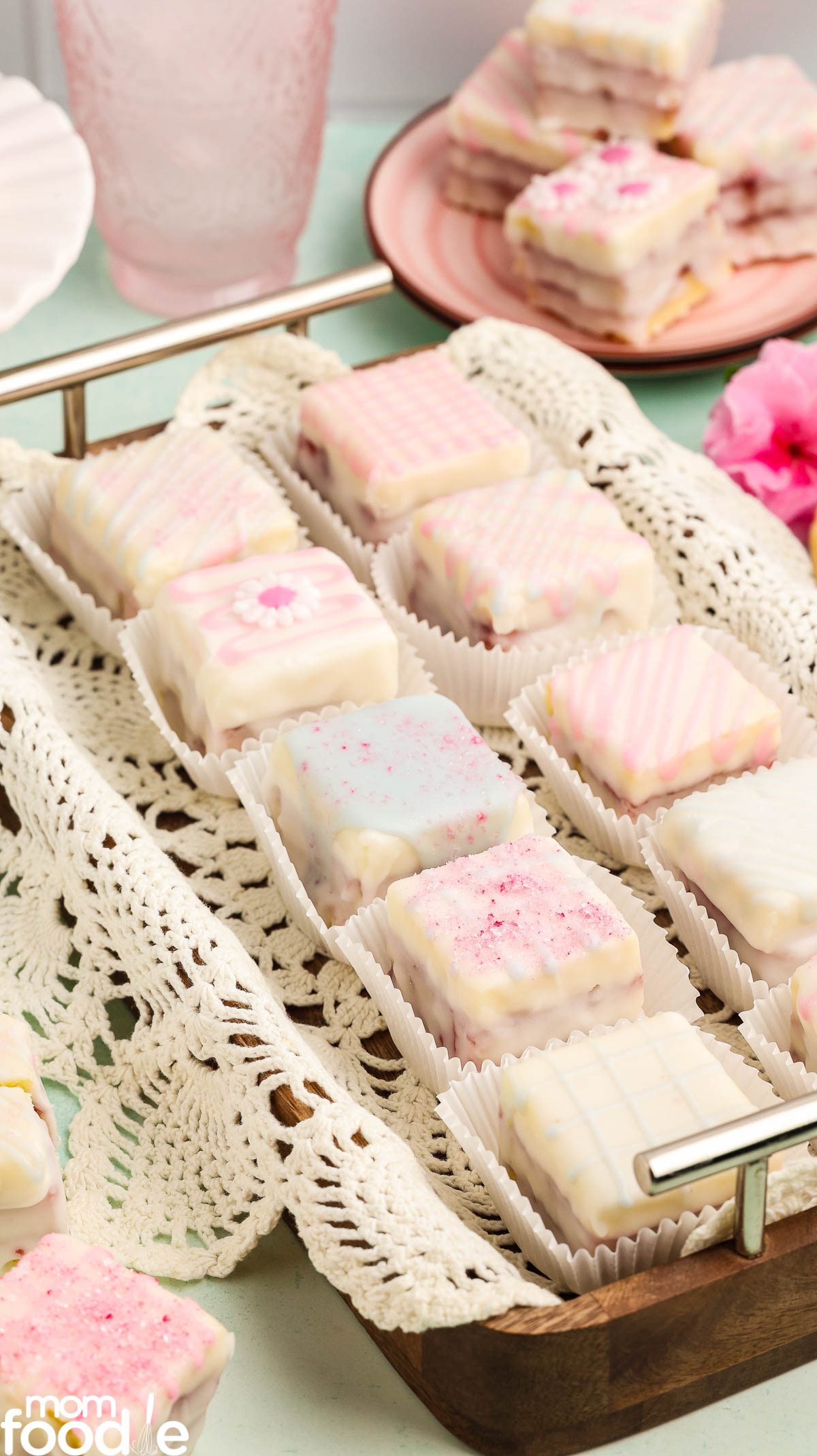 finished petit fours on serving tray
