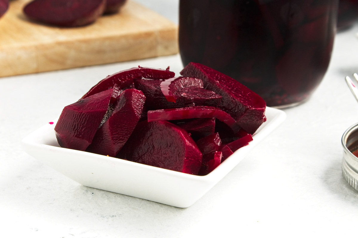 refrigerator pickled beets served in small dish.
