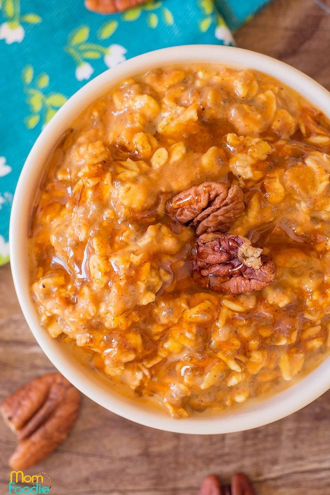 Pumpkin Spice Overnight Oats Recipe with pecans on top.