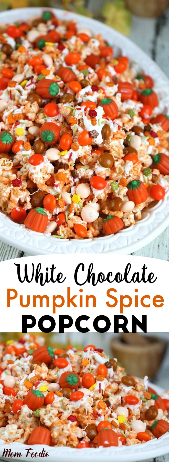 This Pumpkin Spice Popcorn recipe is the perfect blend of sweet and savory in a festive fall snack . The colorful fall pumpkin spice white chocolate popcorn mix is perfect for fall events such as Thanksgiving or a Halloween Party. 