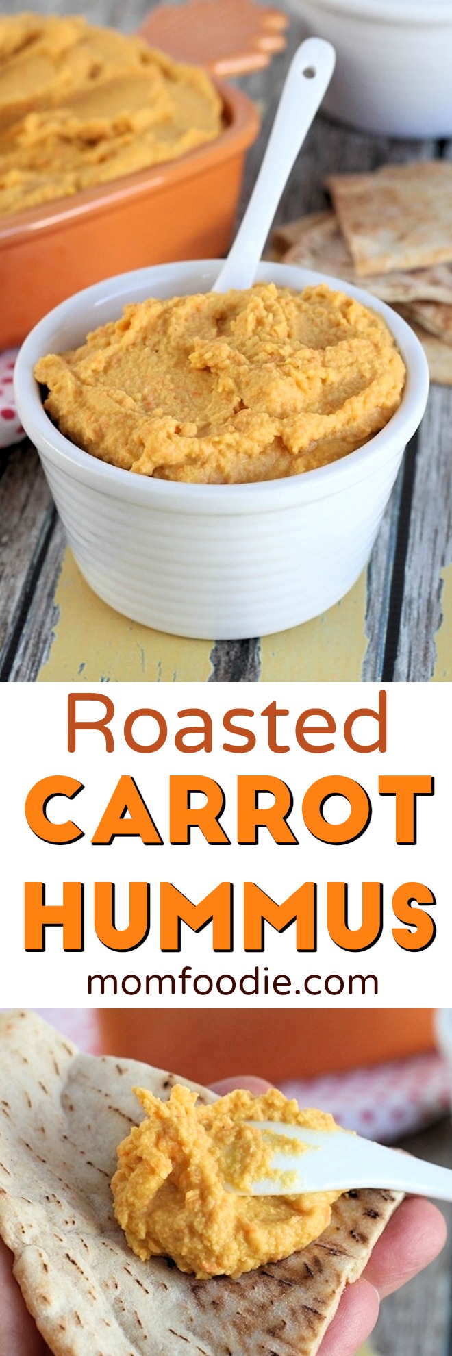 Roasted Carrot Hummus - a healthy dip recipe, also great as a sandwich spread. #hummus #carrots #dip #vegetarian #vegan