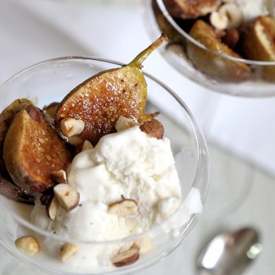 Roasted Figs with Vanilla Ice Cream and Hazelnuts