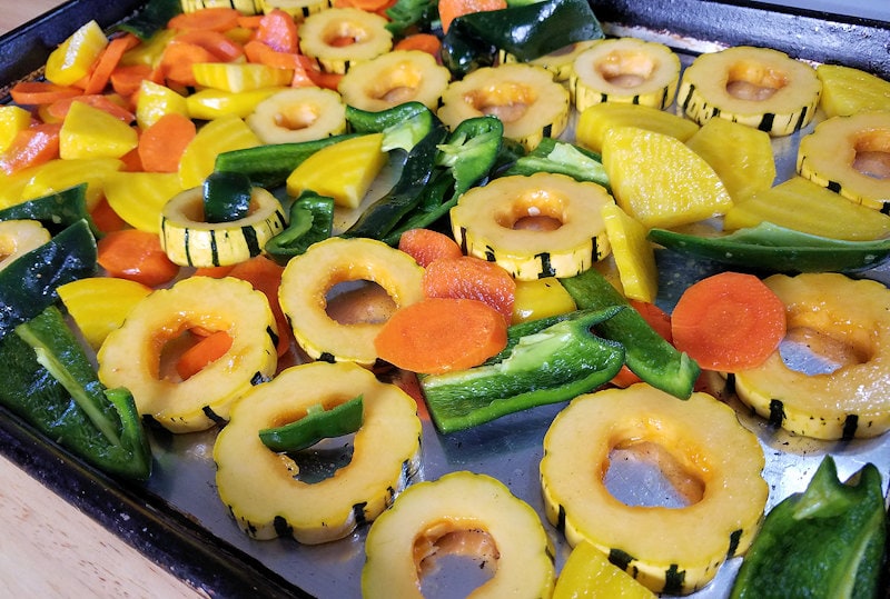 Roasting Delicata squash, golden beets, carrots and poblano peppers