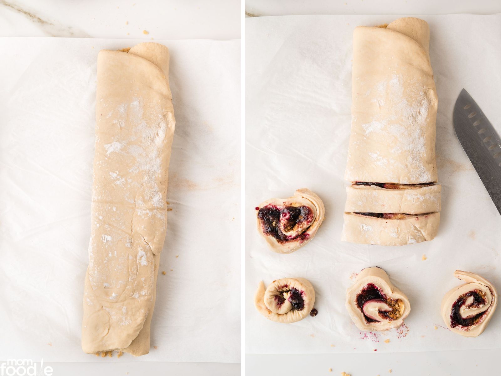 Rolling up blueberry sweet rolls and cutting into buns