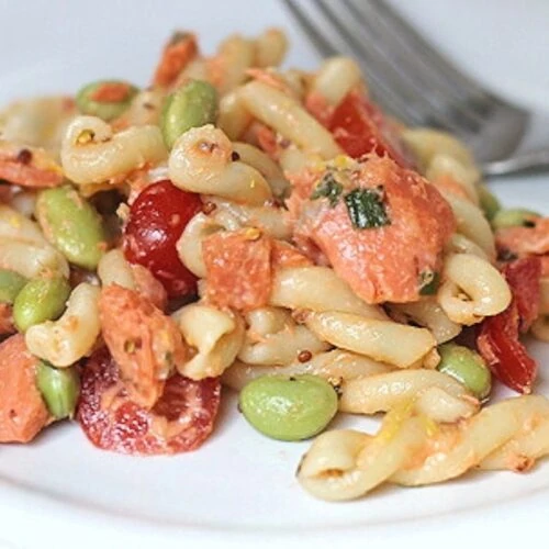 Salmon Pasta salad recipe with edamame and Lemon Herb Dijon dressing